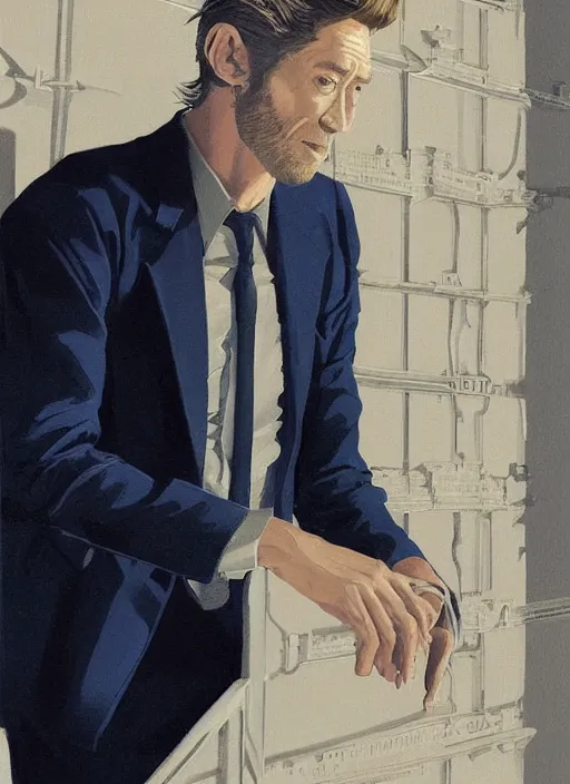 Prompt: full - length portrait of peter o'toole, dressed in a navy blue suit with silver embroidered details, detailed face, fantasy, cinematic lighting, digital art painting, fine details by realistic shaded lighting poster by ilya kuvshinov katsuhiro otomo, magali villeneuve, artgerm, jeremy lipkin and michael garmash and rob rey