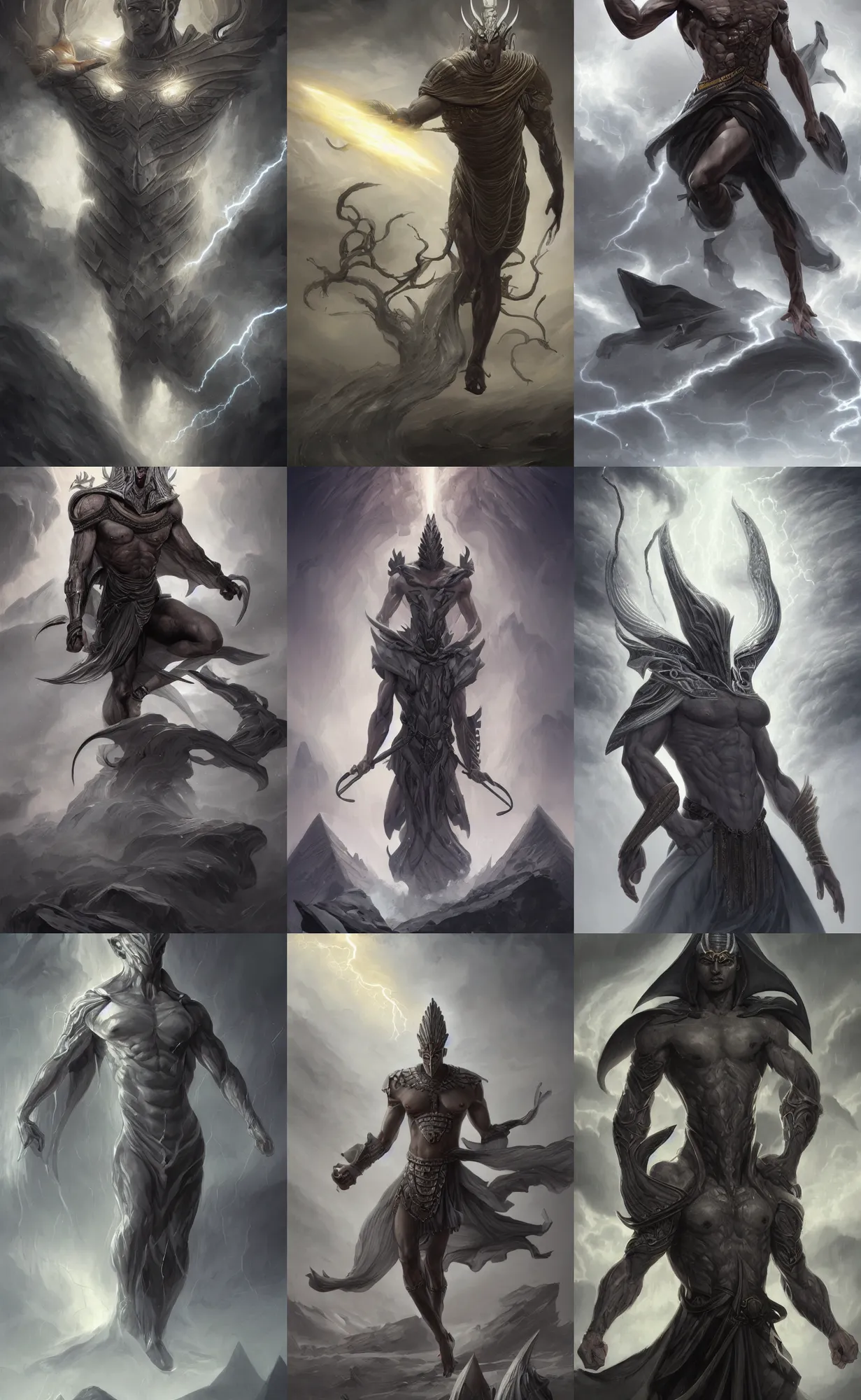 Prompt: grey skin, storm egyptian god, king, male, black clouds, maelstrom, thunder, lightnings, full body shot, highly detailed, digital painting, artstation, concept art, sharp focus, illustration, orientalism, art by aleksi briclot and mohrbacher and raphael lacoste and magali villeneuve