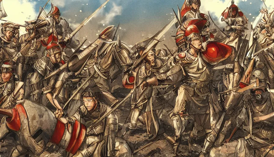 Image similar to a roman army by yasuhisa hara, manga with color artstyle, war landscape