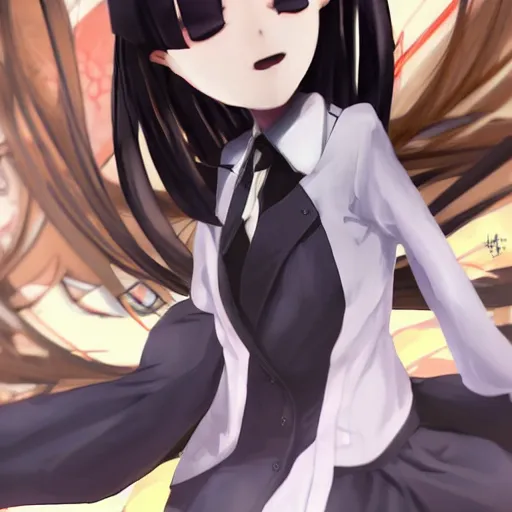 Image similar to luxury advertisement, astonishing portrait of a very beautiful anime schoolgirl with black bob hair in style of cytus and deemo, full perfect face, she is dancing, set in Half-life. Realistic, highly detailed background, artstation, 120 degree view, drawn by Sasoura, Satchely and Akihiko Yoshida, no distortion