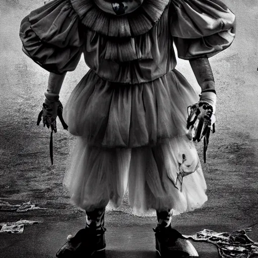 Image similar to Creepy full body shot of Pennywise the clown, old photo, grayscale