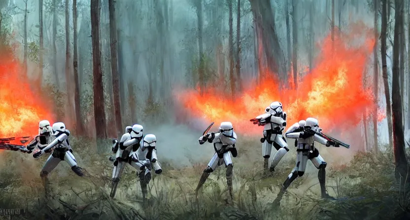 Prompt: imperial stormtroopers shooting red blaster bolts in barren lifeless forest with burned trees concept art by Doug Chiang cinematic, realistic painting, high definition,very detailed, extremely high detail, photo realistic, concept art, red color palette, the Mandalorian concept art style