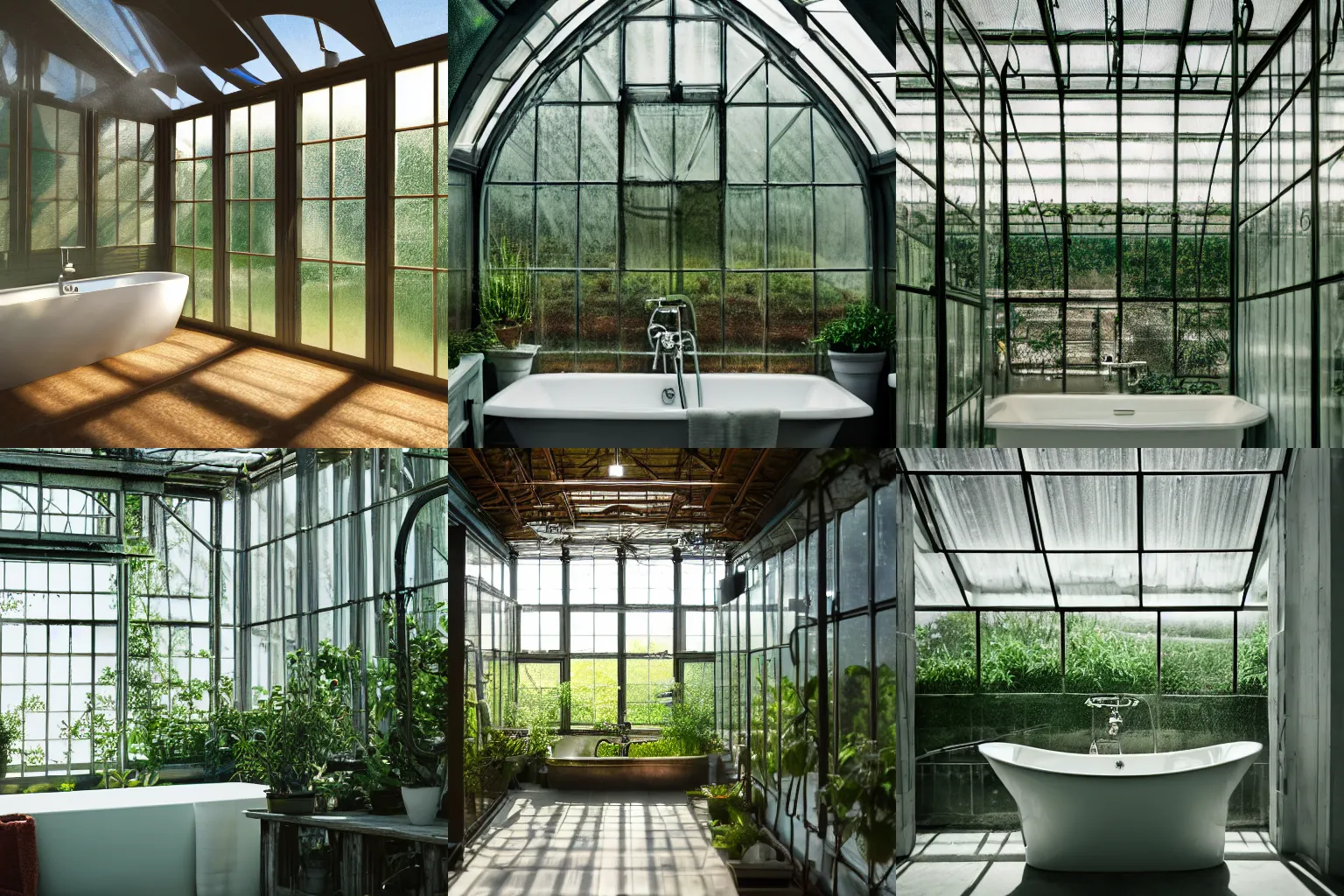 Prompt: greenhouse bathroom with cinematic lighting shining through the murky windows, highly detailed, post processed, 8k