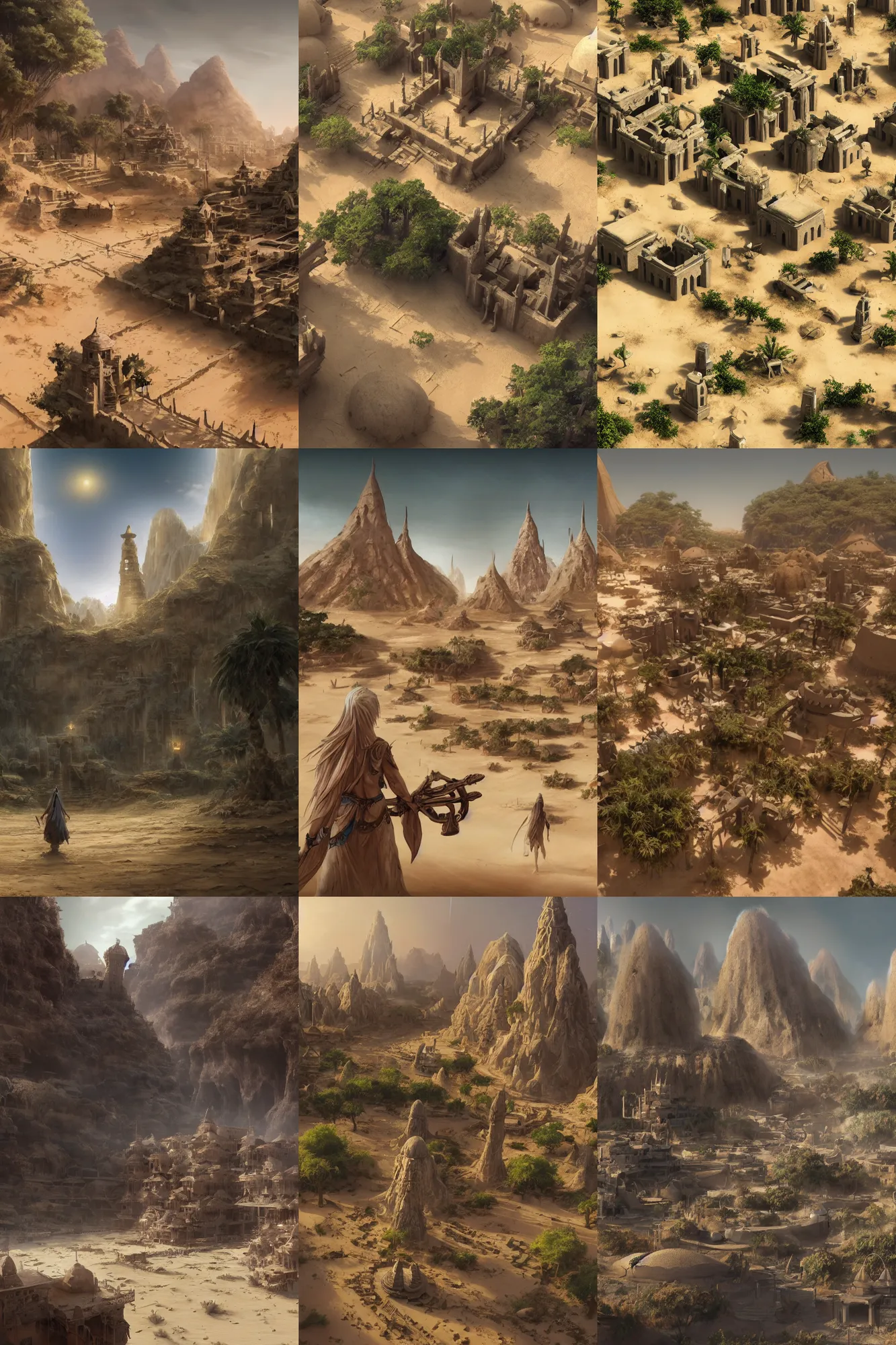 Prompt: an isolated inhabited religious warrior village with pale colored spiritual sacred alien architecture in the lush oasis of a vast sand desert, 3 rd person action adventure rpg, screenshot, gameplay, walkthrough, square enix, jrpg, cutscene, greg rutkowski, concept art, artstation, highly detailed, matte painting, octane render, 8 k, unreal engine