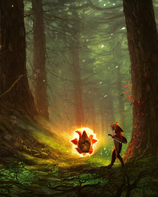 Image similar to Squirrel/Robin hood, forest background, magic the gathering artwork, D&D, fantasy, cinematic lighting, centered, symmetrical, highly detailed, digital painting, artstation, concept art, smooth, sharp focus, illustration, volumetric lighting, epic Composition, 8k, art by Akihiko Yoshida and Greg Rutkowski and Craig Mullins, oil painting, cgsociety