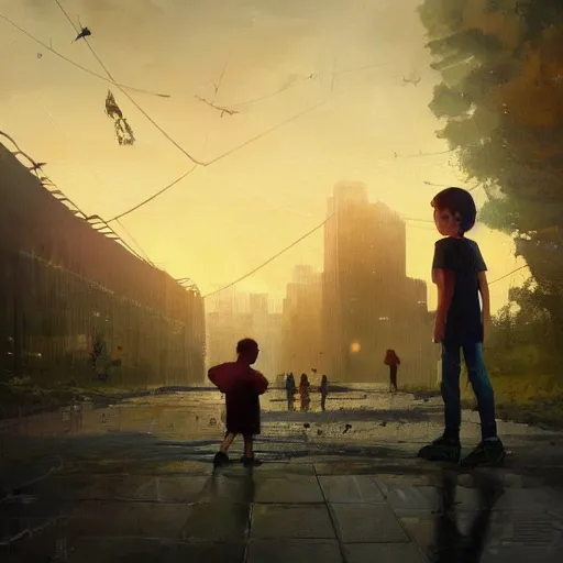 Image similar to digital painting of child playing with a huge humanoid robot in a park, sunset, a dark dystopian city behind a huge wall, dystopian, stunning, cinematic lighting, concept art by greg rutkowski and simon stalenhag and wlop, artstation