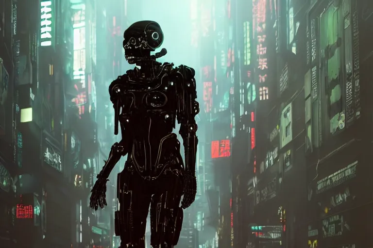 Prompt: cyberpunk skeletal black mecha android walking down hallway, Skeletal face single eye. long limbs black shiny. glowing_red_eye RTX UE5 Artstation Bladerunner_2049_scene!!!!!! Cyberpunk 2077 bladerunner2049!!! bladerunner!!! Dark figure walking down white hallway slightly offset fancy hallway. reflective floor!!!!! Tom Bagshaw and Greg Rutkowski and Alphonse Mucha