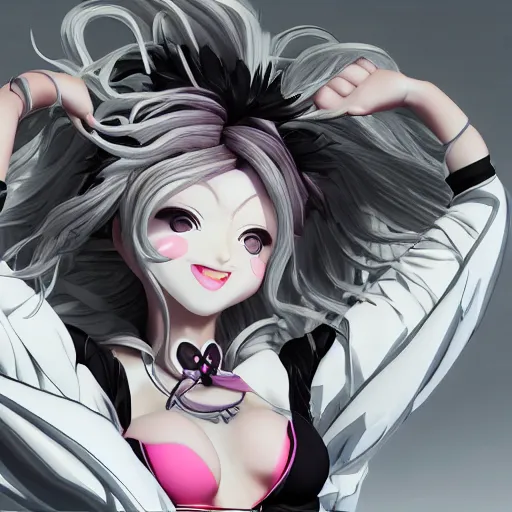 Prompt: stunningly beautiful omnipotent megalomaniacal anime goddess who looks like junko enoshima, symmetrical perfect face smiling in a twisted, mischievous, devious and haughty way while looking down upon the viewer and taking control, mid view from below her feet, hyperdetailed, unreal engine 5, 8 k