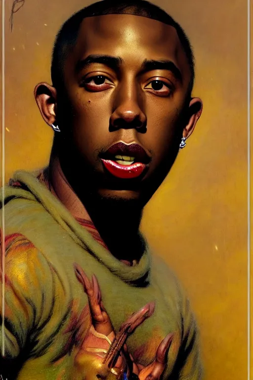 Prompt: tyler the creator by gaston bussiere bayard wu, greg rutkowski, giger, maxim verehin