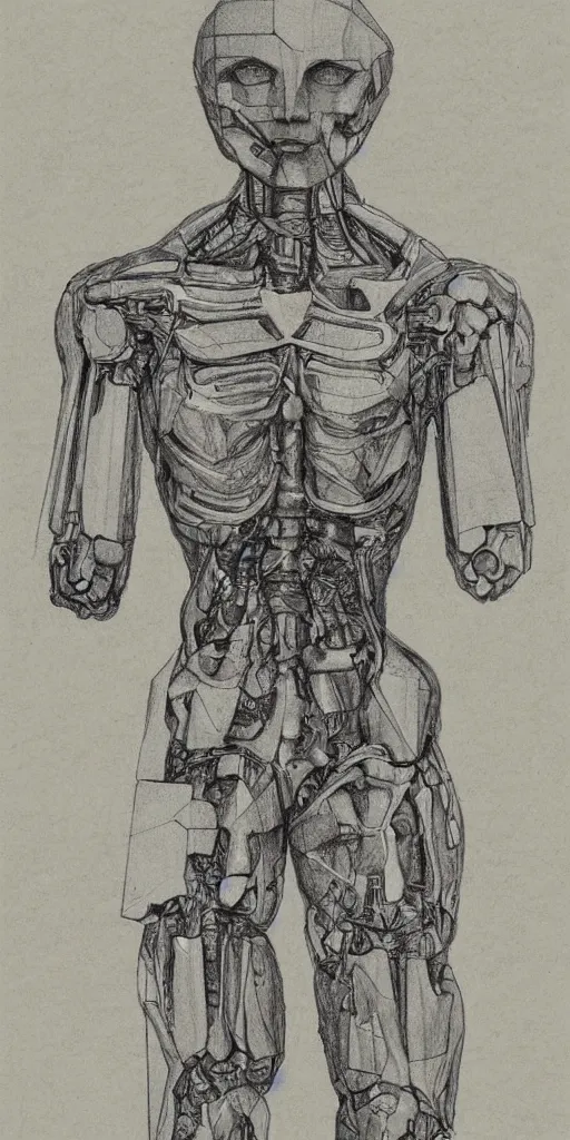 Prompt: half human half organic robot anatomy sketch by Leonardo da Vinci, sketchbook, highly detailed, symmetrical, full shot