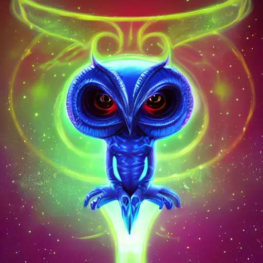 Image similar to alien owl, alien warrior, magic, stars, highly detailed, realistic, 8 k