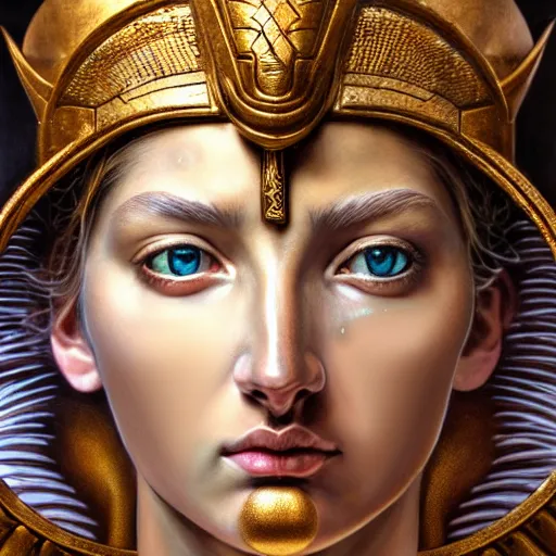 Image similar to hyperrealistic mixed media painting of beautiful goddess Athena, stunning 3d render inspired art by P. Craig Russell and Barry Windsor-Smith, perfect facial symmetry, dim volumetric lighting, 8k octane beautifully detailed render, post-processing, portrait, extremely hyper-detailed, intricate, epic composition, brown eyes, highly detailed eyes, realistic eyes, correct eyes, cinematic lighting, masterpiece, trending on artstation, very very detailed, masterpiece, stunning