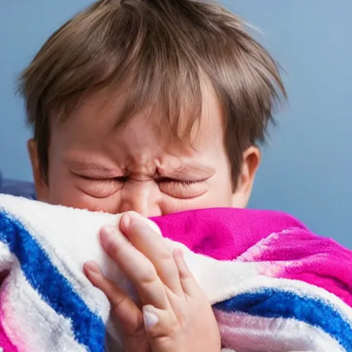 Prompt: toddler crying because he wants his blankie