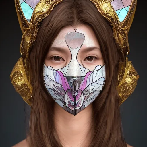 Prompt: A masterpiece portrait of a Incredibly beautiful queer girl with detailed stained glass face mask. light cute blush on face. Fursuit on her. Fox-hat. medium shot, intricate, elegant, highly detailed. trending on artstation, digital art, by Stanley Artgerm Lau, WLOP, Rossdraws, James Jean, Andrei Riabovitchev, Marc Simonetti, Yoshitaka Amano. background by James Jean and Gustav Klimt, light by Julie Bell, 4k, porcelain skin