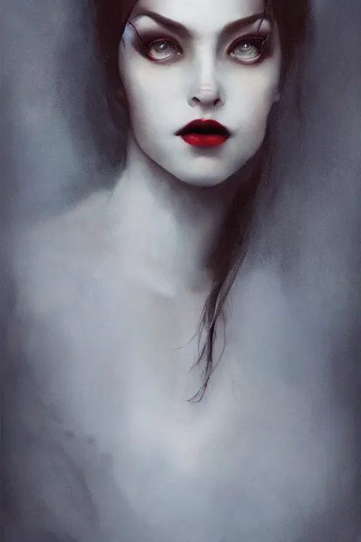 Prompt: a photo-realistically painted portrait of a singular lady vampire!!!!, dressed in a suit, perfect face!!!, beautiful eyes!!, digital painting, concept art, minimal artifacts, volumetric lighting, Artgerm, and William-Adolphe Bouguerea, in the style of Tom Bagshaw, cinematic!!, stunning!, trending on Artstation!, award-winning art!!!