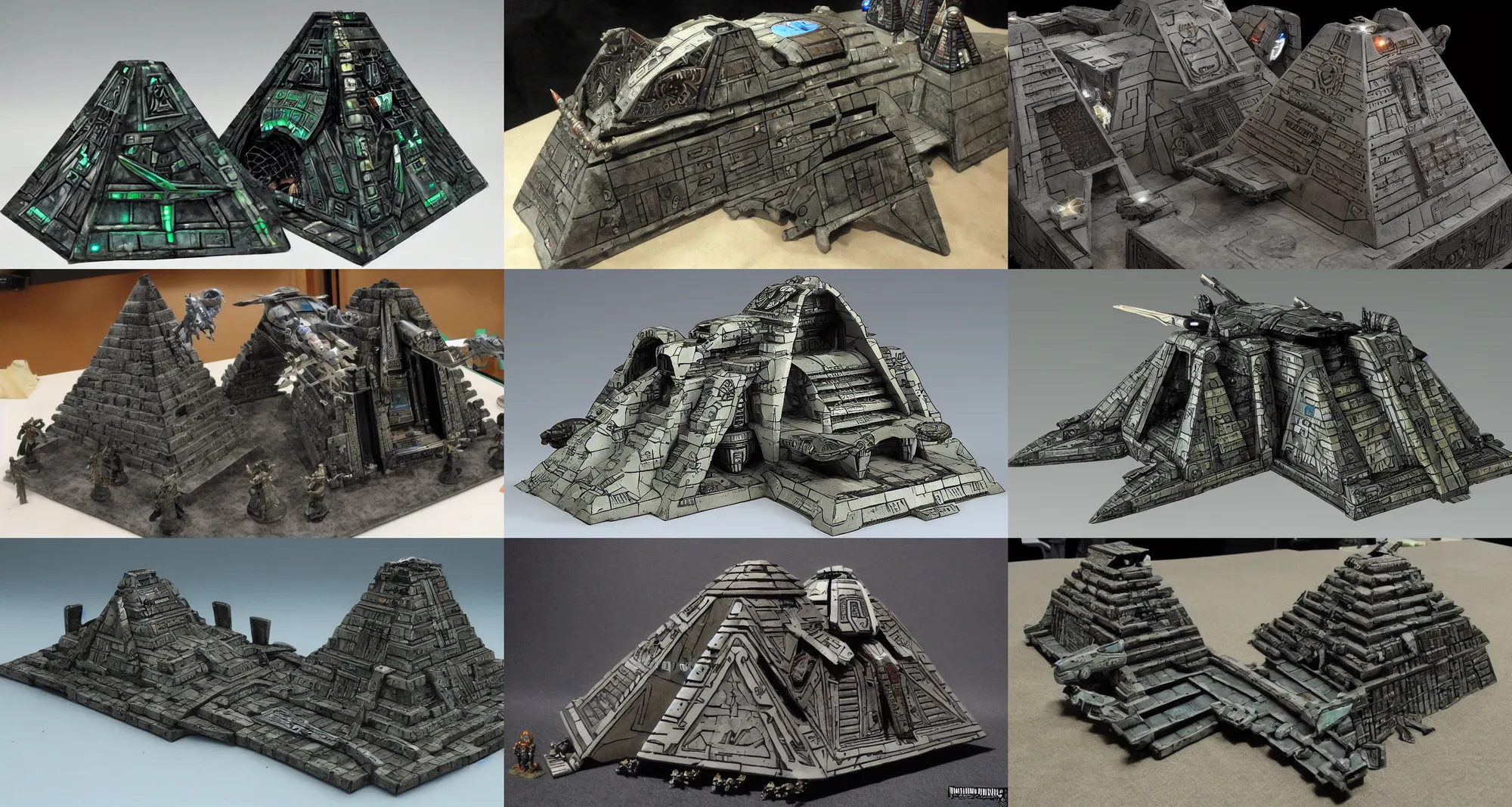 Prompt: a goa'uld pyramidspaceship combined with a necron spaceship