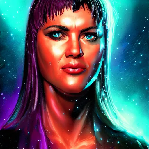 Image similar to portrait from xena the warrior princess, synthwave, universe background, nebula, galaxy, artstation