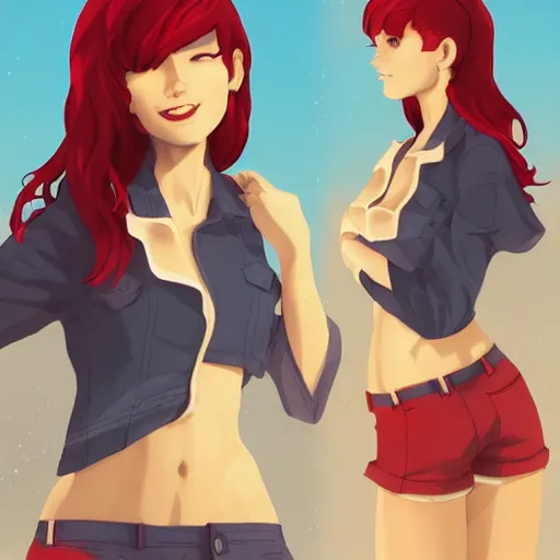 Prompt: character deisgn by lois van baarle, artgerm, helen huang, by makoto shinkai and ilya kuvshinov. cute scarlet red haired cybertronic woman, steel gray body, denim shorts, jacket, at beach at sunset, beautiful face, smile, elegant, exaggerated proportions, looking at camera