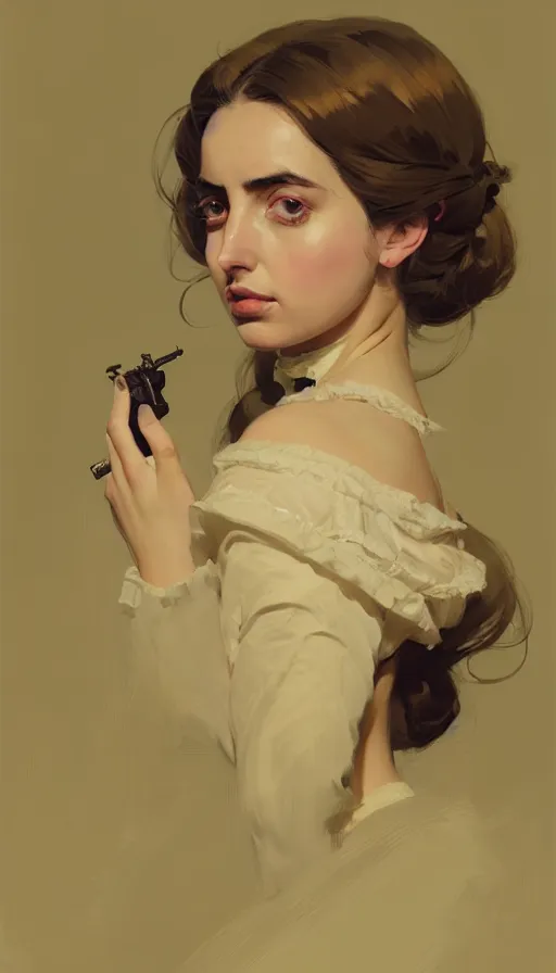 Image similar to hyper - realistic portrait of a ana de armas as a victorian lady by atey ghailan, by greg rutkowski, by greg tocchini, by james gilleard, by joe fenton, by kaethe butcher, dynamic lighting, gradient light yellow, brown, blonde cream and white color scheme, grunge aesthetic