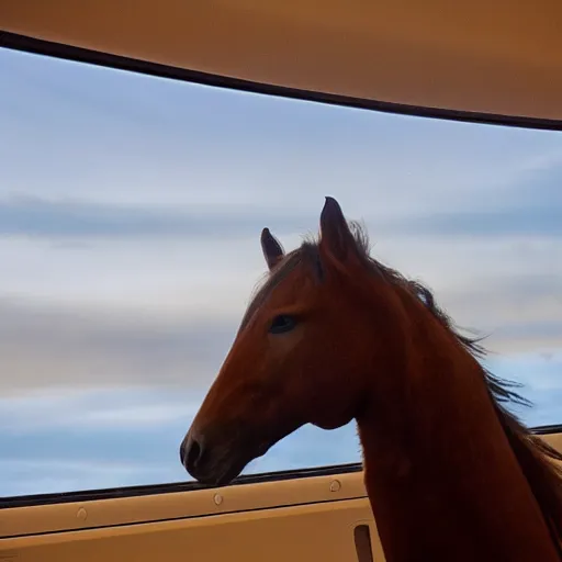 Prompt: a horse sits in an airplane seat and looks out the luminaire