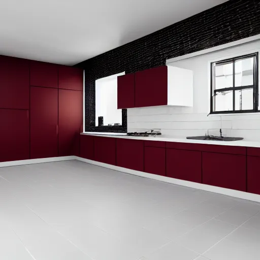 Prompt: photo of black, matte kitchen fronts surfaces and furniture, dark red walls at the back, white floor tiles on the ground, white ceiling, architecture, concept art