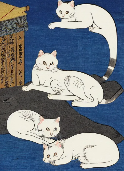 Image similar to whitecat with 2 baby white cats of utagawa hiroshige, digital painting 4 k uhd image, highly detailed
