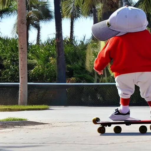 Prompt: a dodo wearing a gold chain around its neck and baseball cap, on a hovering skateboard without wheels, at a skate park near the beach, Saturday Morning cartoon