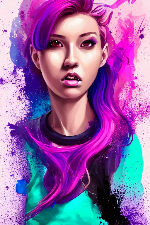 Image similar to a award winning half body portrait of a beautiful woman in a croptop and cargo pants with ombre purple pink teal hairstyle with head in motion and hair flying by artgerm, paint splashes, splatter, outrun, vaporware, shaded flat illustration, digital art, trending on artstation, highly detailed, fine detail, intricate