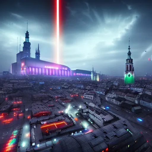 Prompt: Futuristic Cyberpunk Cracow town Poland from future star wars, dramatic lighting , insanely detailed, art station, 8K HD resolution , dramatic lighting, thunders