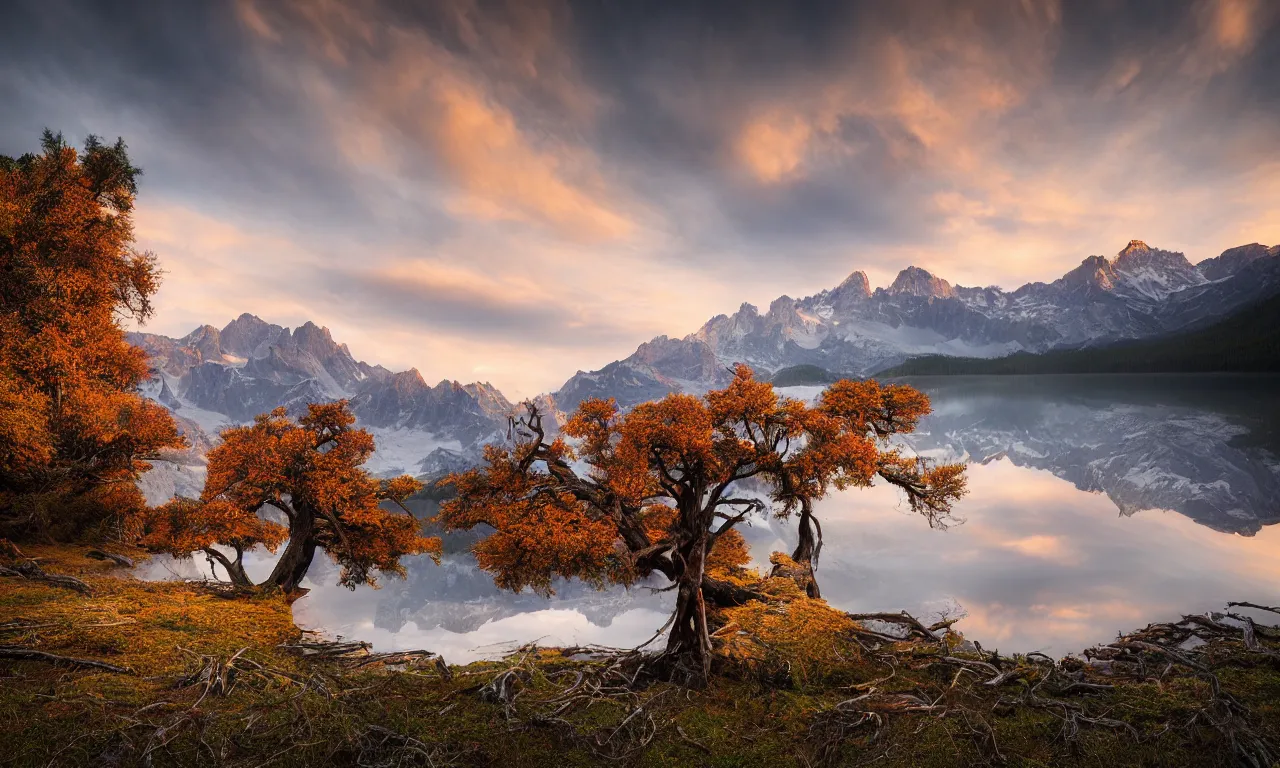 Image similar to landscape photography by marc adamus, dead tree in the foreground, mountains, lake