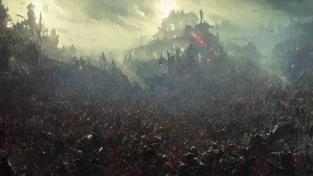 Prompt: Painting by Greg Rutkowski, hundreds of beautiful knights in shining armor beating hundreds of fleeing orcs and zombies in the foreground, dramatic multicolor lighting