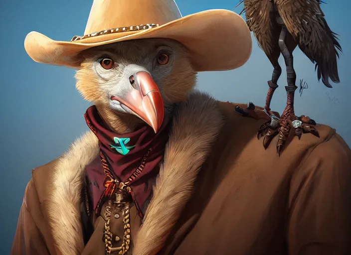 Image similar to character portrait feature of the anthro male anthropomorphic vulture fursona wearing cowboy outfit wild west desperado character design stylized by charlie bowater, ross tran, artgerm, makoto shinkai, detailed, soft lighting, rendered in octane