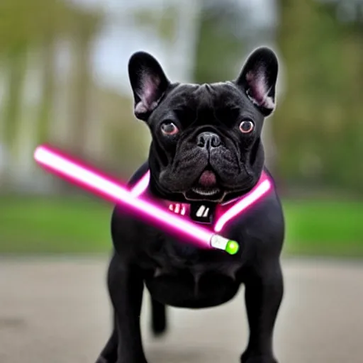 Image similar to black French Bulldog Jedi with lightsaber