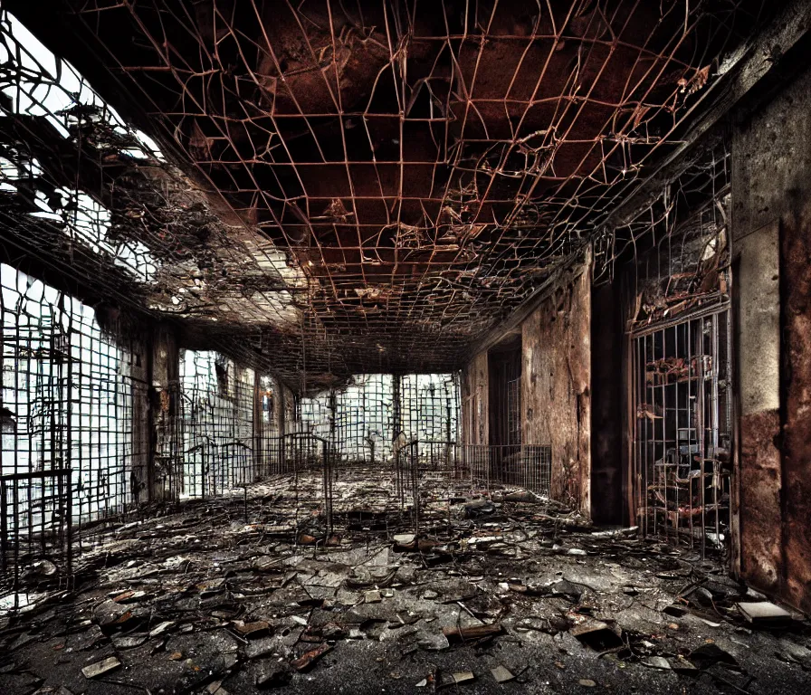 Image similar to An underground very dark dingy multi-layered structure of rusted iron bars, chain-link fencing and peeling walls with many floors. Inside view, collapsed floors, bent rusted iron, masterpiece, corners, cinematic, hyperdetailed, photorealistic, hyperrealism, octane rendering, 8k, depth of field, bokeh, architecture, shadows, art by Zdzisław Beksiński, Arthur Rackham, Dariusz Zawadzki