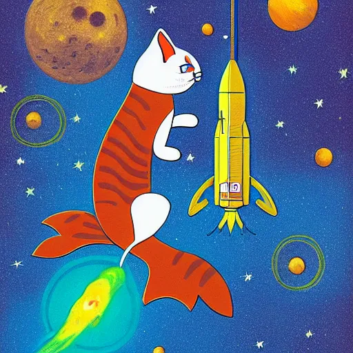 Image similar to a cat on a rocket in outerspace going to mars