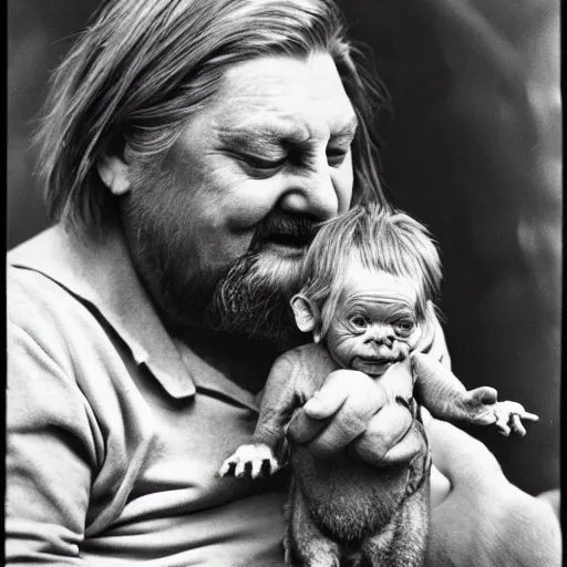 Image similar to robert wyatt cradling a goblin, photograph