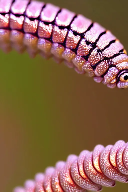 Image similar to high quality close-up photo pearlescent caterpillar! gorgeous highly detailed david ligare elson peter cinematic pink lighting high quality low angle hd 8k sharp shallow depth of field