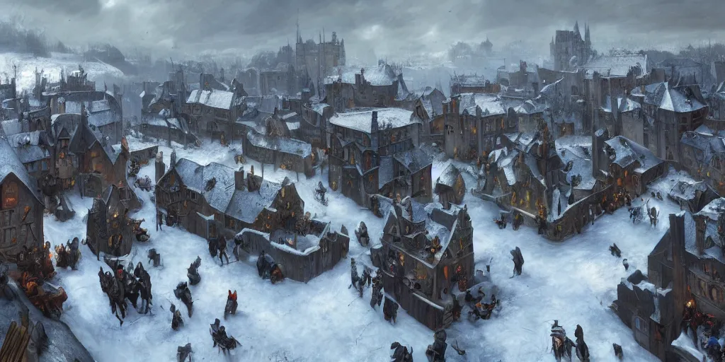 Image similar to RTS gameplay third person in style of Brueghel paintings, painting, Stronghold strategy gameplay, high detailed,dark fantasy, dark tones, medieval, snow, buildings, castle, armored units, cavalry,RPG, high detailed, contrast, octane render,mill, farm, creative