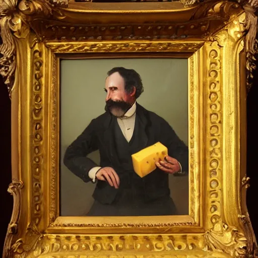 Image similar to victorian oil painting of a man with a piece of cheese for a head, 4 k, high octane
