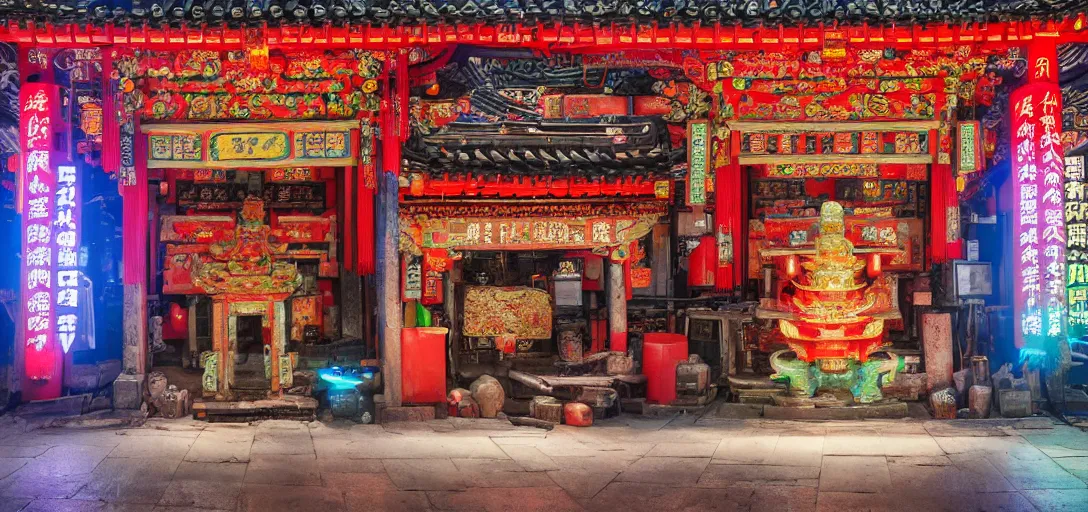 Prompt: ancient chinese cyberpunk shrine, photograph, ultra wide angle, sharp focus, intricate detail, drone shot, high resolution, 8 k, neon streetlights, holographic advertising board hanging everywhere, vivid color