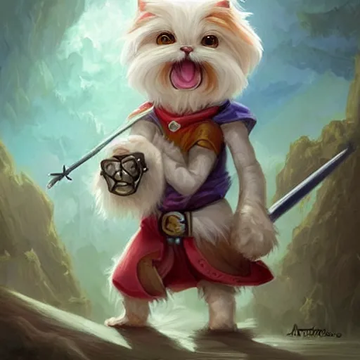 Image similar to cute little anthropomorphic Maltese Terrier and tabby cat, wielding a magic staff, tiny, small, short, Wizard robe, cute and adorable, pretty, beautiful, DnD character art portrait, matte fantasy painting, DeviantArt Artstation, by Jason Felix by Steve Argyle by Tyler Jacobson by Peter Mohrbacher, cinema