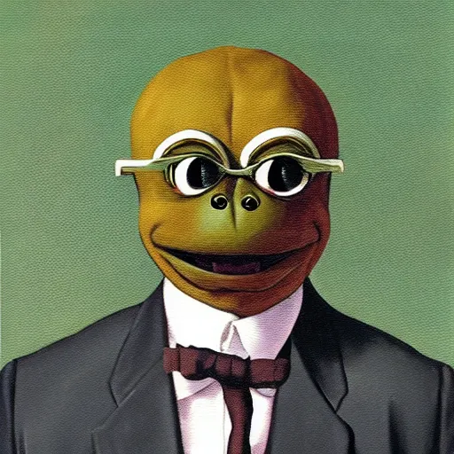 Image similar to pepe the frog in suit and tie, painting by Joseph Christian Leyendecker