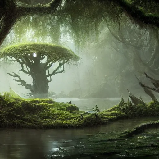 Image similar to living tree, froglike, swamp, greg rutkowski, trending on art station, magic the gathering, 4 k, matte painting