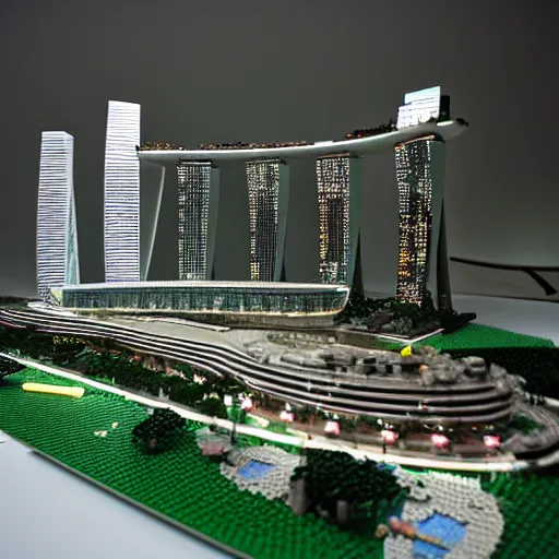 Prompt: a lego model of Marina Bay Sands, highly detailed, museum lighting