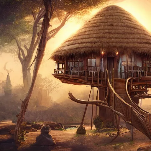 Prompt: egytian treehouse by artgerm, artstatonHD, fine art, oil painting, cinematic lighting, hyperdetailed, 8k, high resolution, insanely detailed and intricate, velvia, octane render