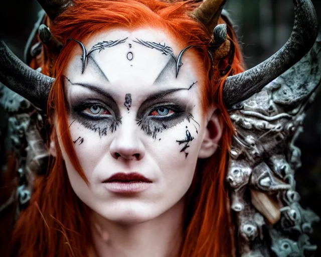 Image similar to 5 5 mm portrait photo of an armored gorgeous anesthetic redhead woman warrior with a face tattoo and horns growing from her head, in a magical forest in the style of stefan kostic, art by luis royo. highly detailed 8 k. intricate. lifelike. soft light. nikon d 8 5 0. cinematic post - processing