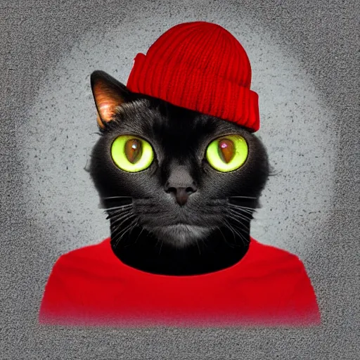 Prompt: A cat with red eyes, smoking weed, wearing a beanie, digital art