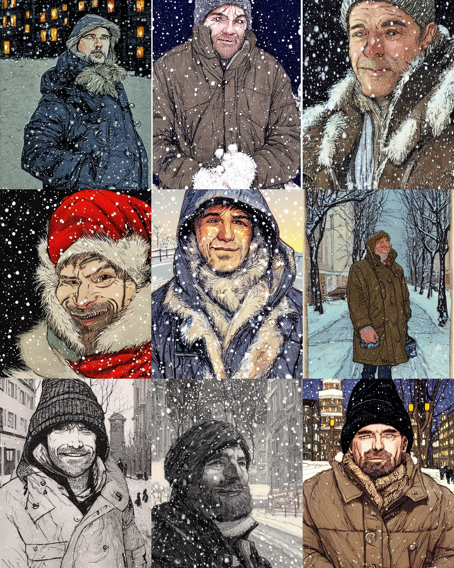 Prompt: closeup portrait of a middle - aged man, wearing a parka, slight smile, snow, street at night, christmas in berlin, art by rebecca guay