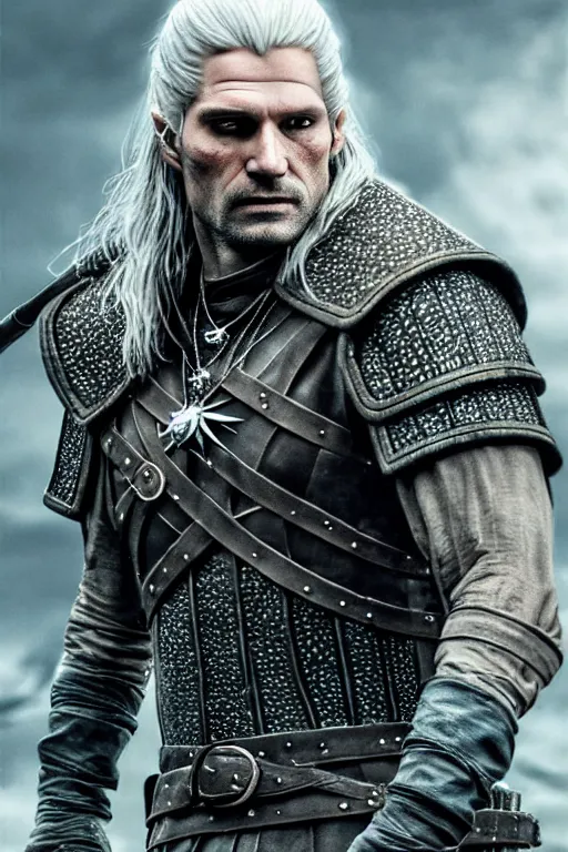 Image similar to the witcher, nikolaj coster - waldau face!!!, masterpiece portrait, white hair, highly detailed face, ultra realistic, concept art, intricate details, highly detailed, photorealistic, octane render, 8 k, unreal engine. horror film still, heavy grain, 3 5 mm, art by artgerm and greg rutkowski and alphonse mucha