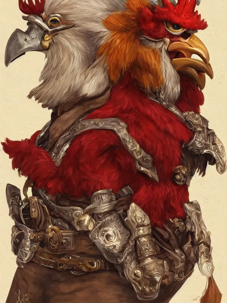 Prompt: portrait of an anthropomorphic rooster man dressed as a fantasy ranger by alex horely orlandelli, fantasy, artstation, d & d, smooth, illustration